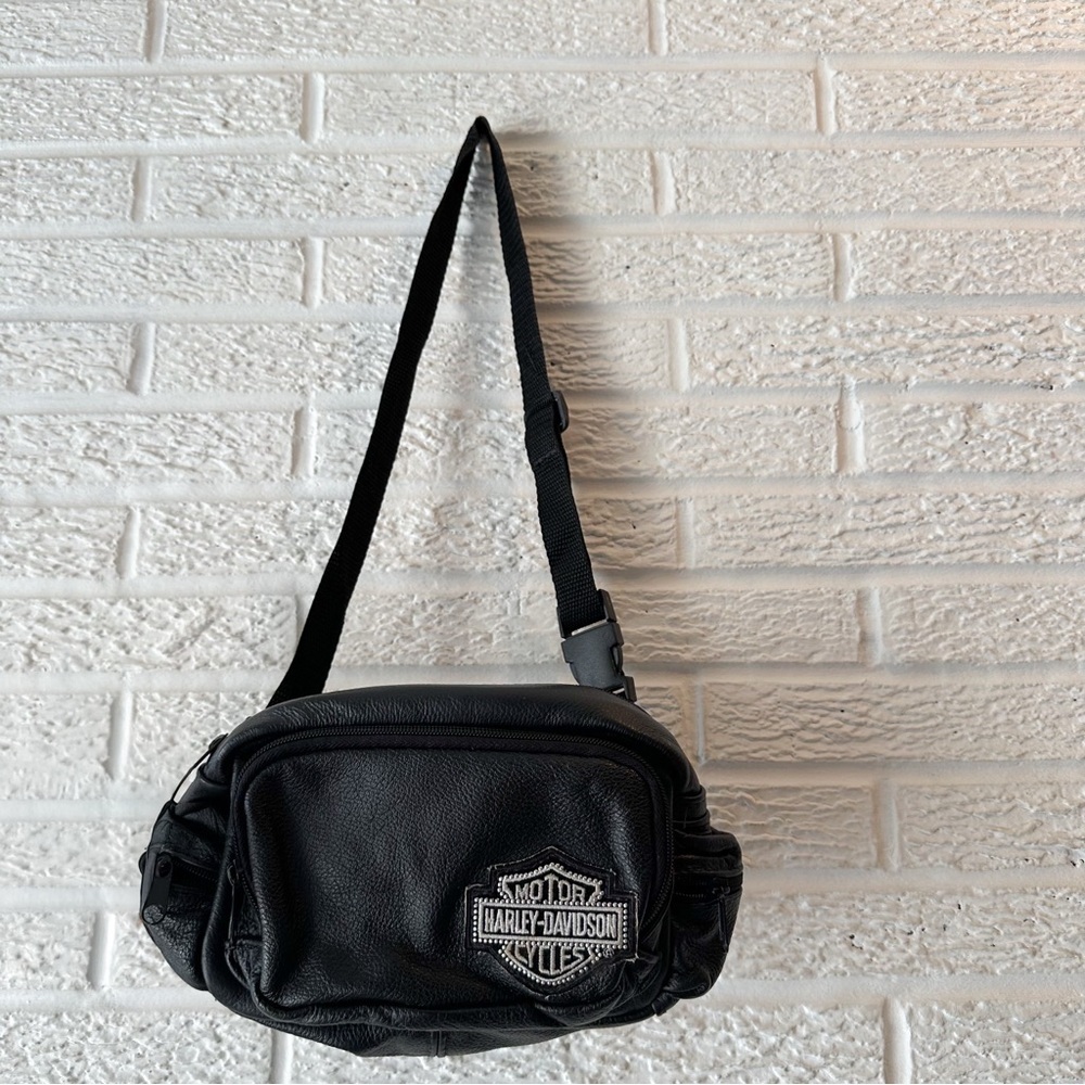 Harley Davidson Leather Cross-Body/Belt Bag/ Rhinestone Logo Front/ Black